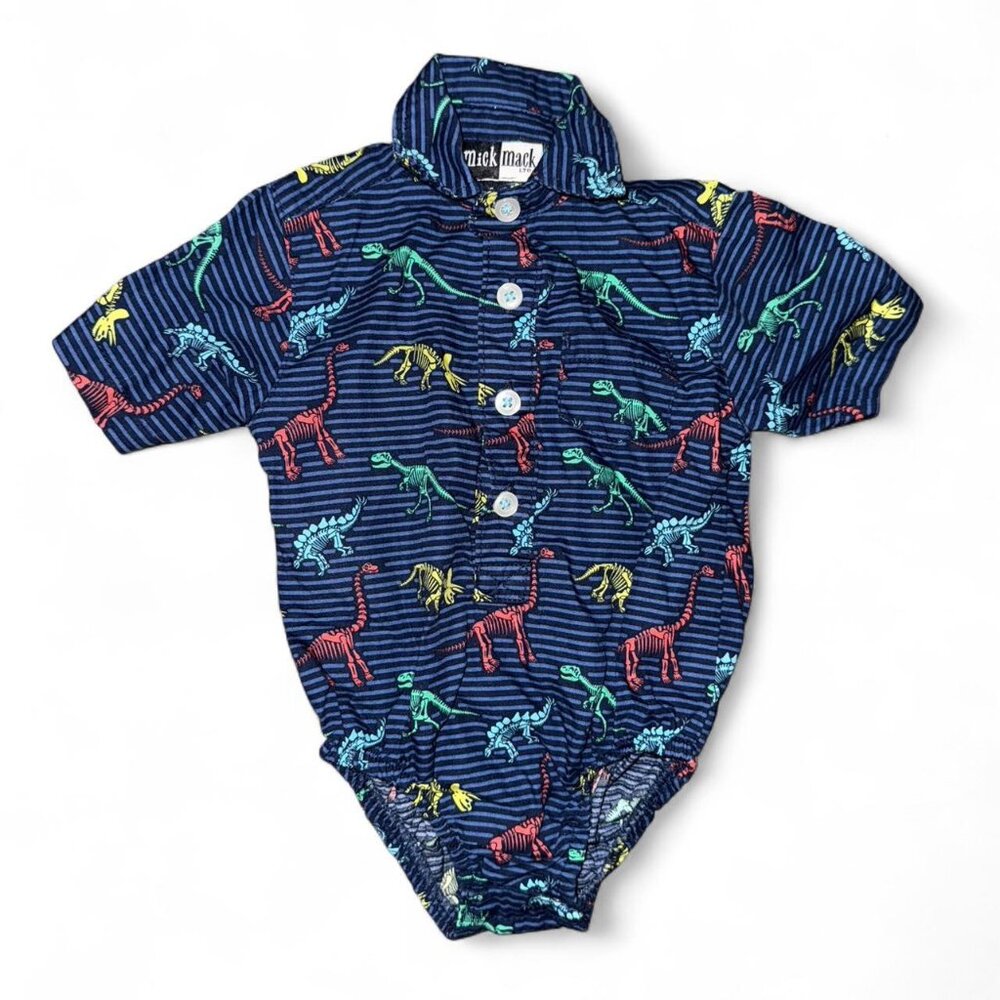 Mick Mack Ltd. Blue Button Up Collared Dinosaur Striped Print Multicolor Boys